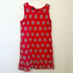 Talbots Size 14 Coral Red Blue Embroidered Shift Flounce Hem Dress Sleeveless